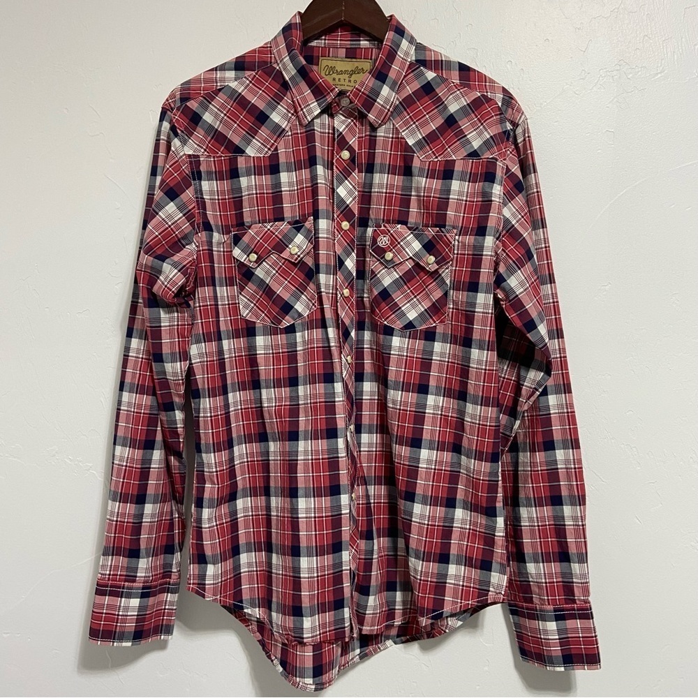 Wrangler Retro Plaid Pearl Snap Men's Western Shirt Red White Navy Large Cotton